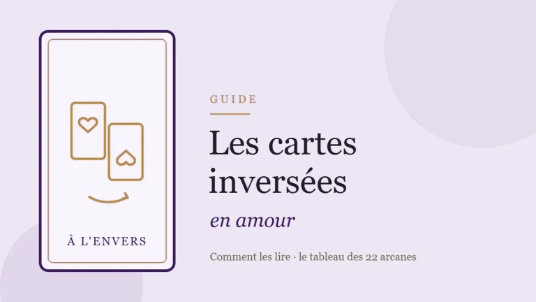 Illustration d'une carte de tarot à l'endroit et d'une carte à l'envers, guide des cartes inversées en amour