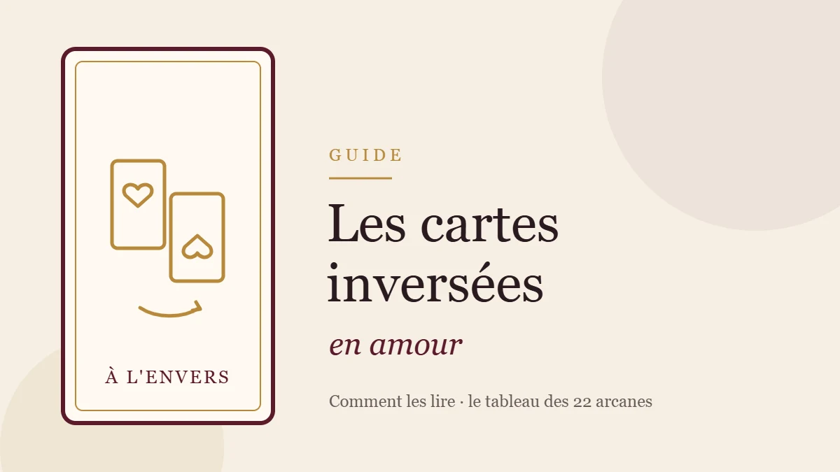 Illustration d'une carte de tarot à l'endroit et d'une carte à l'envers, guide des cartes inversées en amour