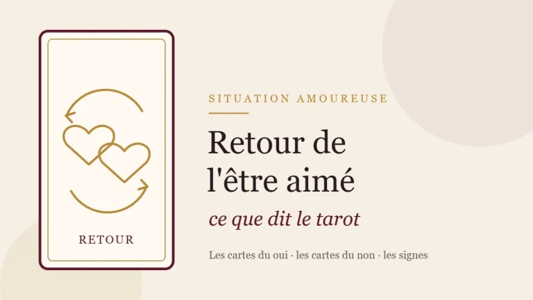 Illustration de deux cœurs reliés par une flèche circulaire, symbole du retour de l'être aimé au tarot